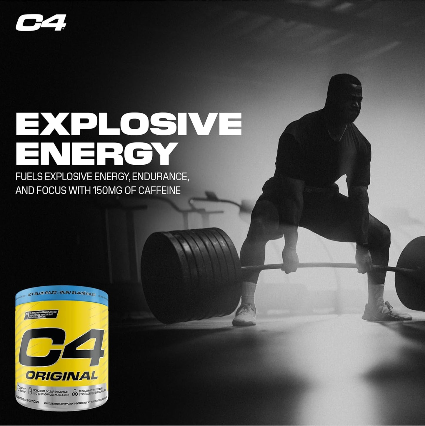 Cellucor C4 原装运动前粉 - 男女适用无糖运动前能量 - 150 毫克咖啡因、β-丙氨酸、肌酸 - Icy Blue Razz，60 份