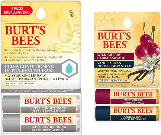 Burt's Bees 保濕唇膏，適用於乾燥、皸裂的嘴唇，母親節禮物，保濕唇膏，適用於乾燥的嘴唇，100% 天然來源，香草豆和野櫻桃 - 2 管，2 支，超值裝