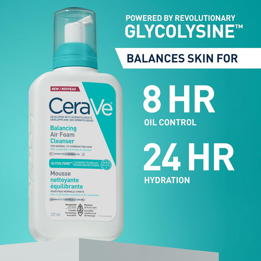 CeraVe Balancing Air Foam Cleanser, Gentle Facial Cleanser For Normal to Combination Skin With 3 Ceramides and Glycolysine™, 8HR Oil Control & 24HR Hydration, Lightweight Air-Foam Texture, 237ml