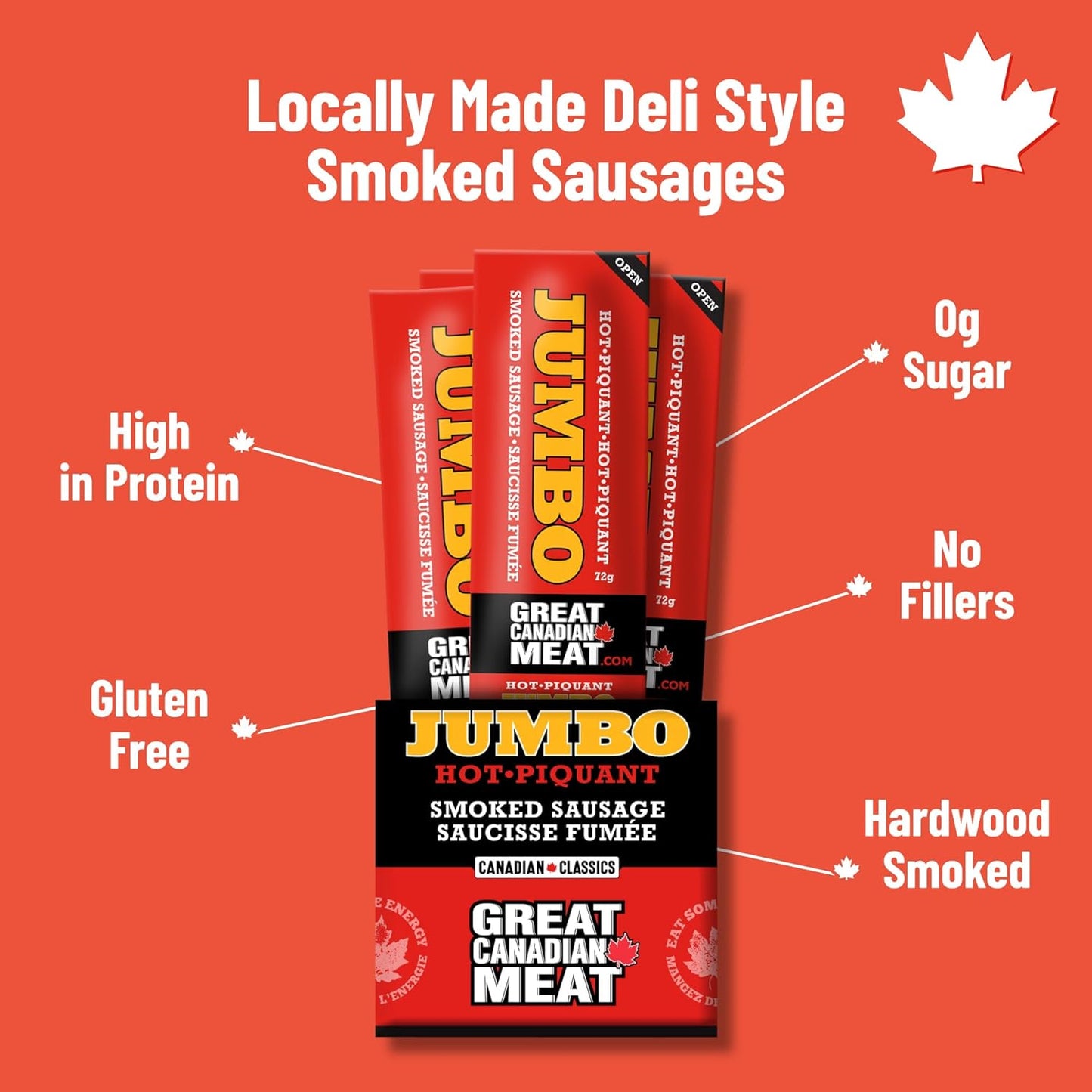 Hot Jumbo Smoked Sausages Locally Made & Hardwood Smoked, 10 x 72g Caddy of Meat Snacks by Great Canadian Meat, Gluten Free, High In Protein Meat Sticks, Sausage Pepperoni Sticks For Carnivores. MRE Perfect For Camping &…