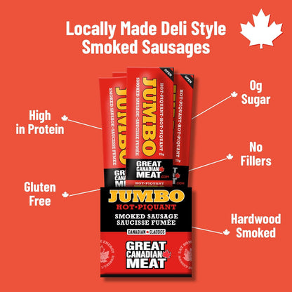 Hot Jumbo Smoked Sausages Locally Made & Hardwood Smoked, 10 x 72g Caddy of Meat Snacks by Great Canadian Meat, Gluten Free, High In Protein Meat Sticks, Sausage Pepperoni Sticks For Carnivores. MRE Perfect For Camping &…