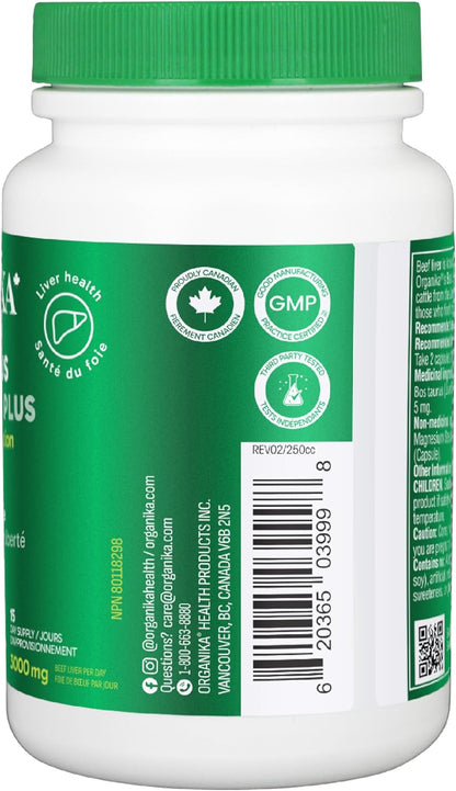 Organika 牛肝加胆碱 - 源自草饲牛和育肥牛，牧场饲养，富含维生素和矿物质，支持肝功能、能量水平和免疫力 - 90 粒胶囊