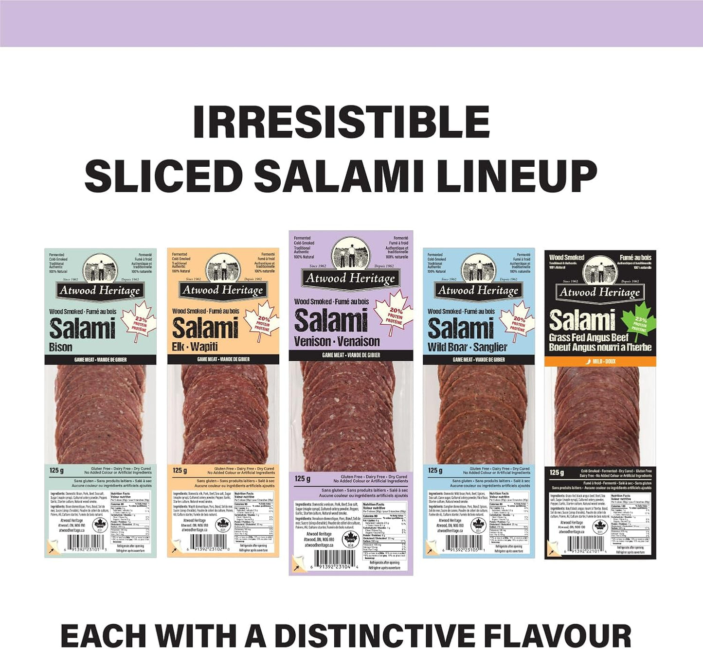 Atwood Heritage 鹿肉、豬肉和牛肉切片薩拉米香腸，125克，高蛋白，無麩質，無硝酸鹽，加拿大製造