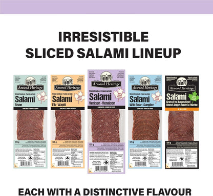 Atwood Heritage 鹿肉、豬肉和牛肉切片薩拉米香腸，125克，高蛋白，無麩質，無硝酸鹽，加拿大製造
