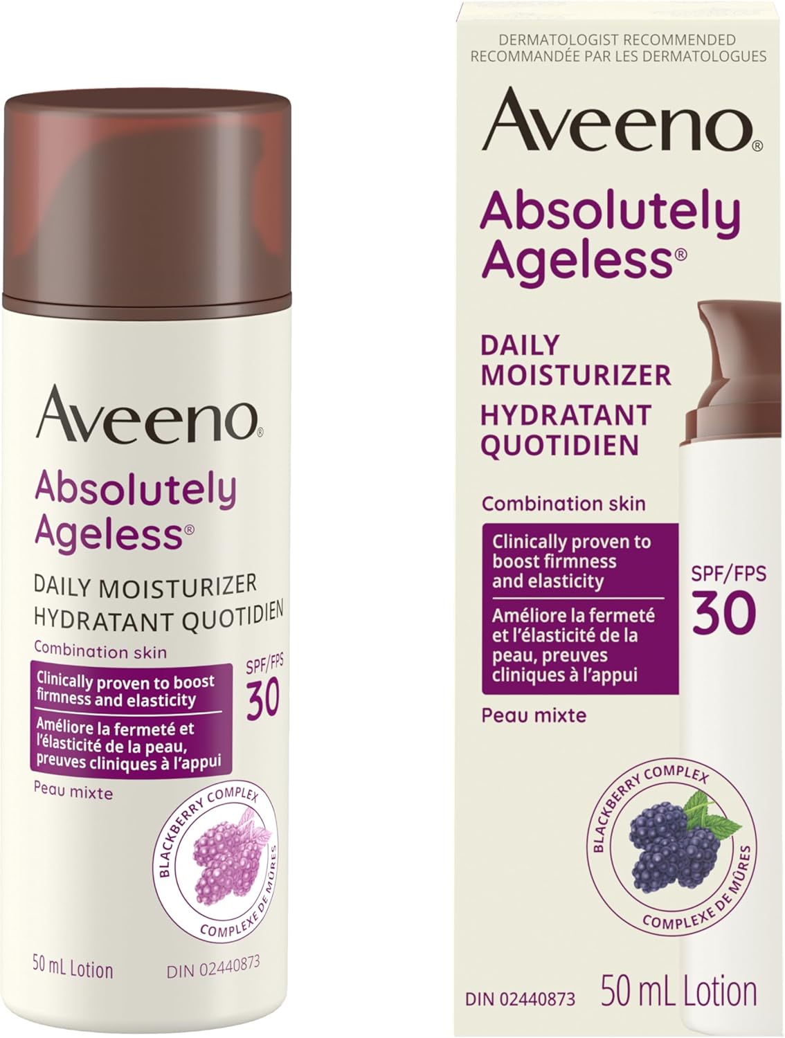 Aveeno Absolutely Ageless 每日保湿霜 SPF 30，抗衰老，面部，皱纹霜，抗氧化黑莓复合物；维生素 C 和 E，瓶装，1 包，50 毫升