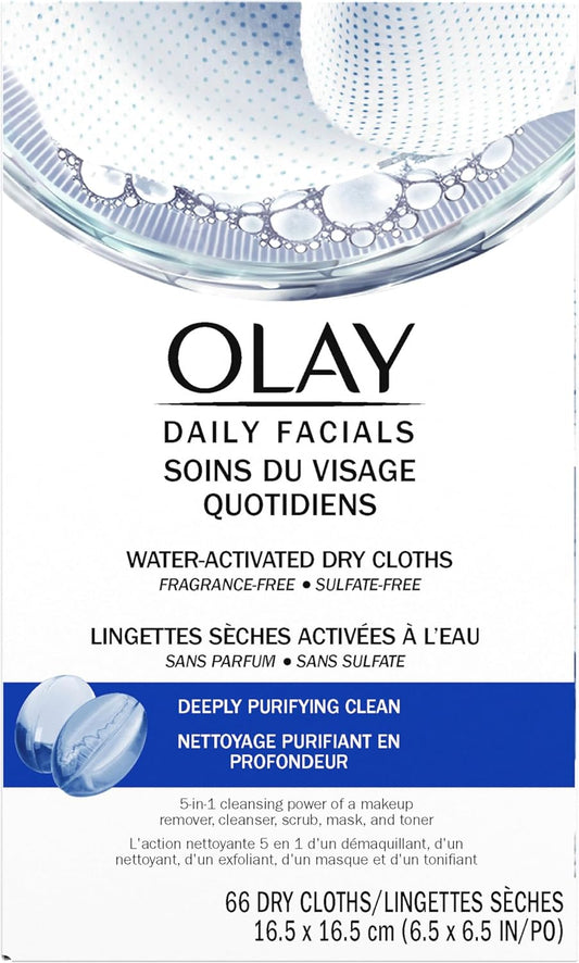 Olay Cleansing Wipes, Daily Facials, 5 in 1 Power of a Makeup Remover, Scrub, Toner, Mask and Cleanser - Fragrance-Free, Textured No-Soap Cloth, Gentle Skin Care, Vitamin Complex-Infused Formula, 66 Count