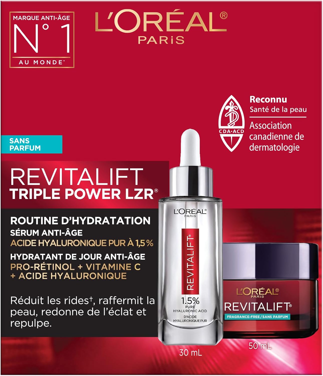 L’Oréal Paris Hydration Skincare Kit with Hyaluronic Acid Serum and Day Moisturizer for Face with Pro Retinol, Vitamin C and Hyaluronic Acid, Revitalift Triple Power LZR, Skincare Kit, 2 Count