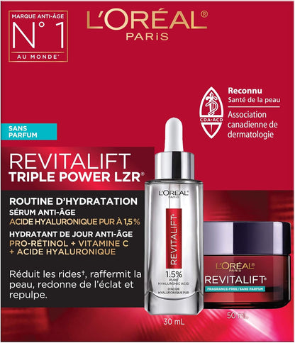 L’Oréal Paris Hydration Skincare Kit with Hyaluronic Acid Serum and Day Moisturizer for Face with Pro Retinol, Vitamin C and Hyaluronic Acid, Revitalift Triple Power LZR, Skincare Kit, 2 Count