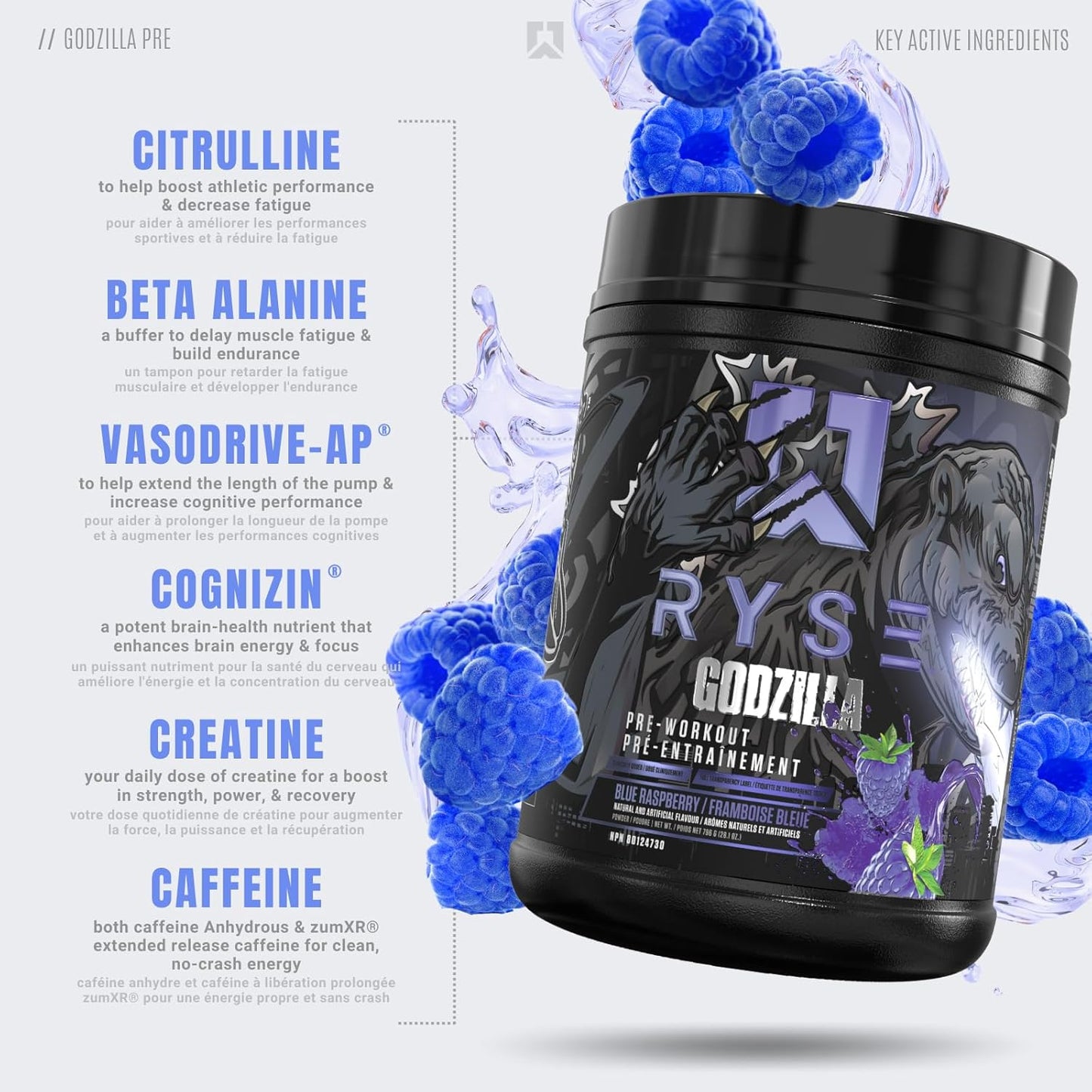 RYSE Up Supplements Noel Deyzel x Godzilla Pre Workout | Intense Pumps, Energy, & Focus | Citrulline & Beta Alanine | 400mg Total Caffeine | 40 Servings (Blue Raspberry)