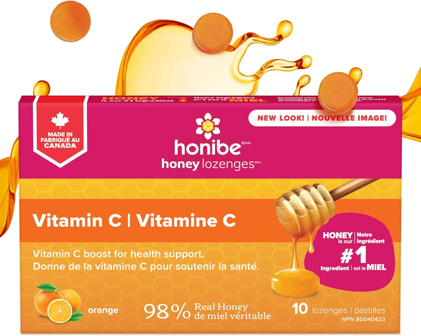 Honibe 100% 纯蜂蜜润喉糖 | 加拿大制造 | 添加维生素 C 以支持健康 | 1 包（10 粒润喉糖）| 天然橙子