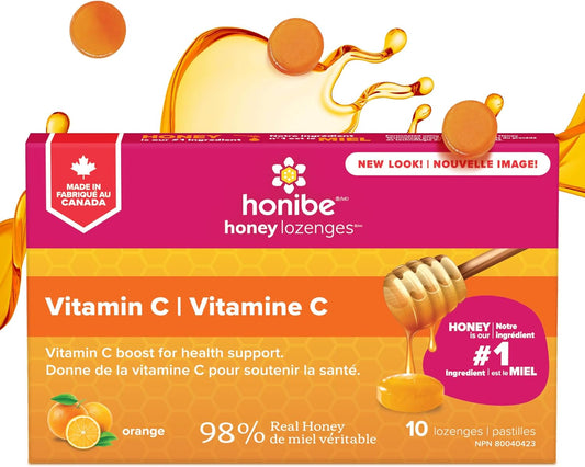 Honibe 100% 纯蜂蜜润喉糖 | 加拿大制造 | 添加维生素 C 以支持健康 | 1 包（10 粒润喉糖）| 天然橙子