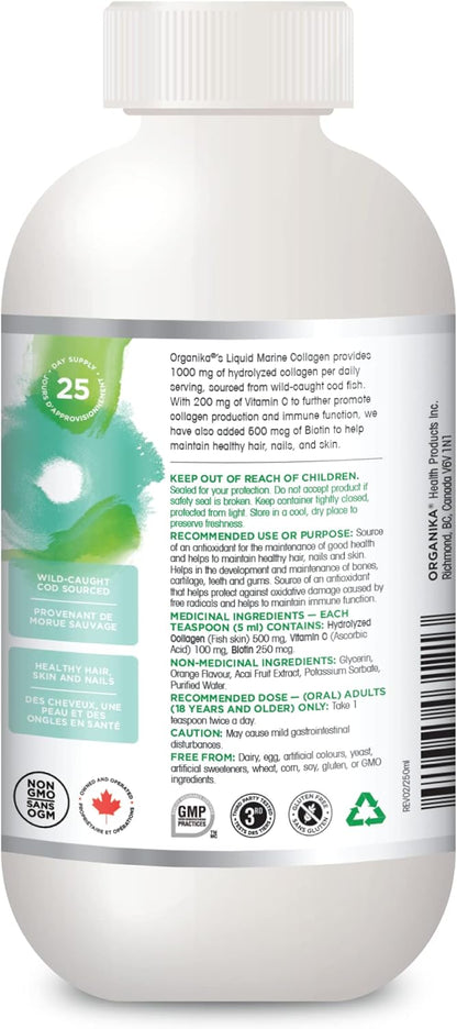 Organika Canadian-Made Liquid Marine Collagen - with Added Vitamin C and Biotin - Orange Flavour- 250ml