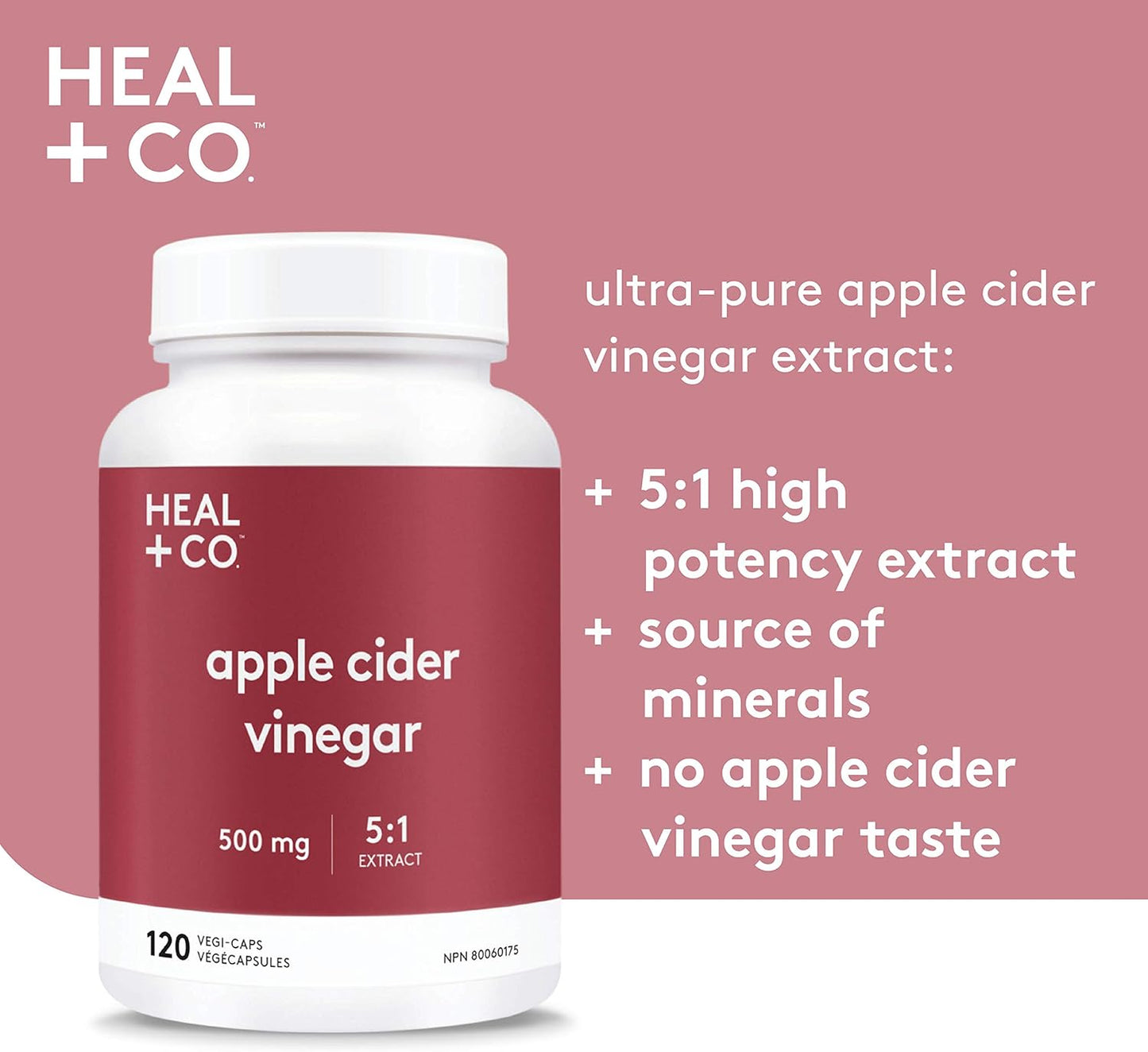 HEAL + CO. 蘋果醋補充劑 | 高效 5:1 萃取物，每份 5000 毫克 | 礦物質支持 + 消化 | 120 x 500 毫克膠囊