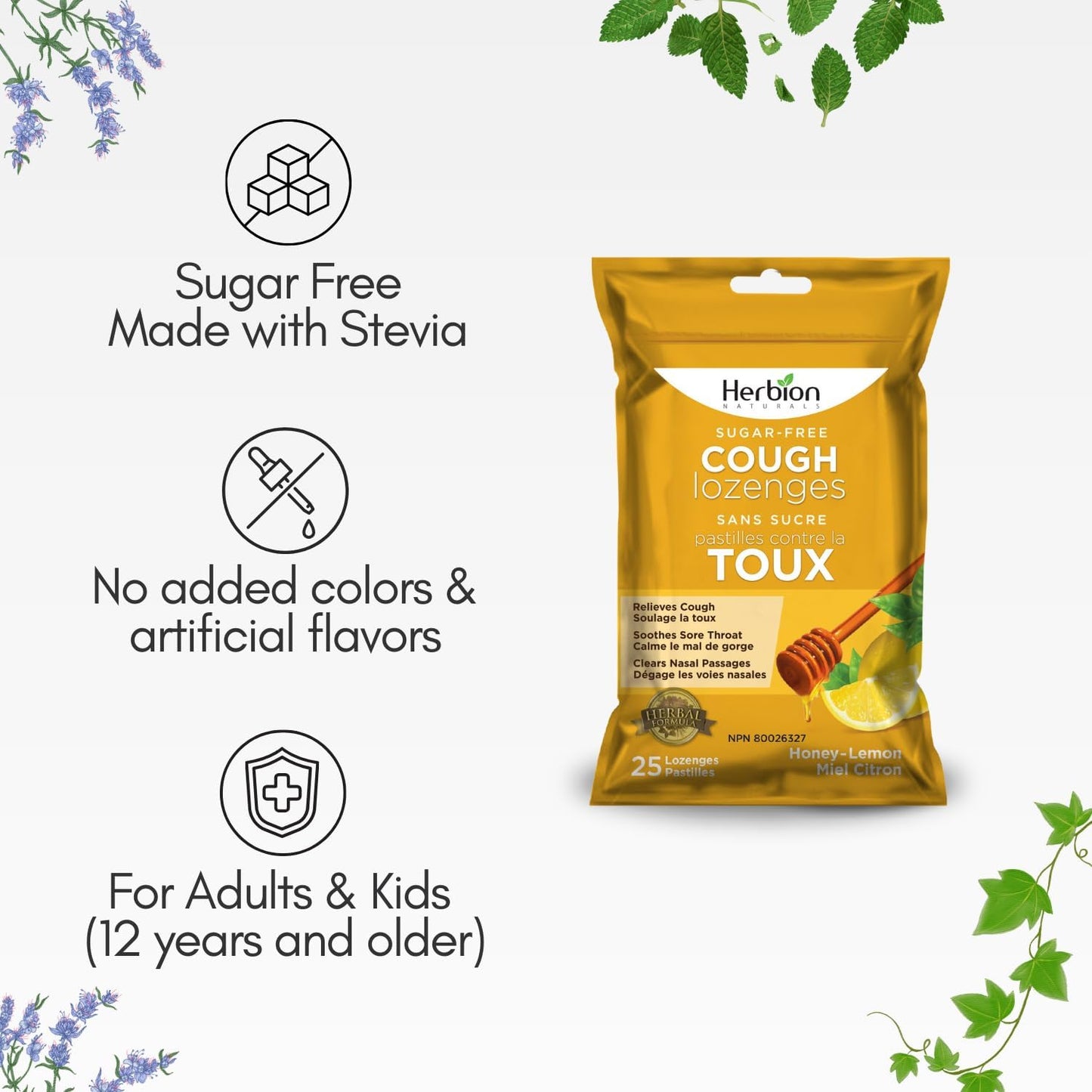 Herbion Naturals 无糖止咳润喉糖，天然蜂蜜柠檬味，25 粒润喉糖，缓解咳嗽和鼻塞，舒缓咽喉痛，适​​用于成人和 12 岁及以上儿童，1 包