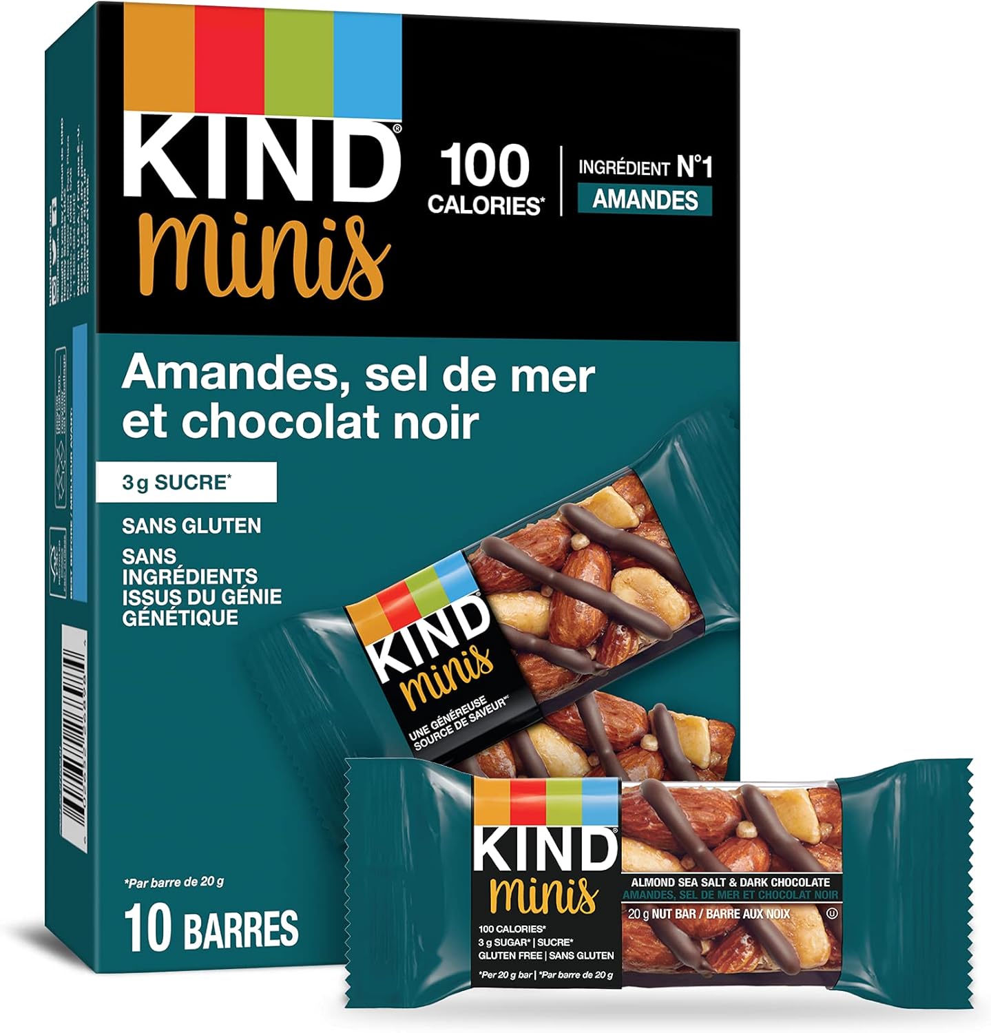 KIND 巧克力棒，黑巧克力坚果和海盐味，无麸质，低糖，40 克，12 块；迷你装，杏仁海盐和黑巧克力，无麸质，100 卡路里，低糖，20 克，10 块