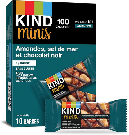 KIND 巧克力棒，黑巧克力坚果和海盐味，无麸质，低糖，40 克，12 块；迷你装，杏仁海盐和黑巧克力，无麸质，100 卡路里，低糖，20 克，10 块