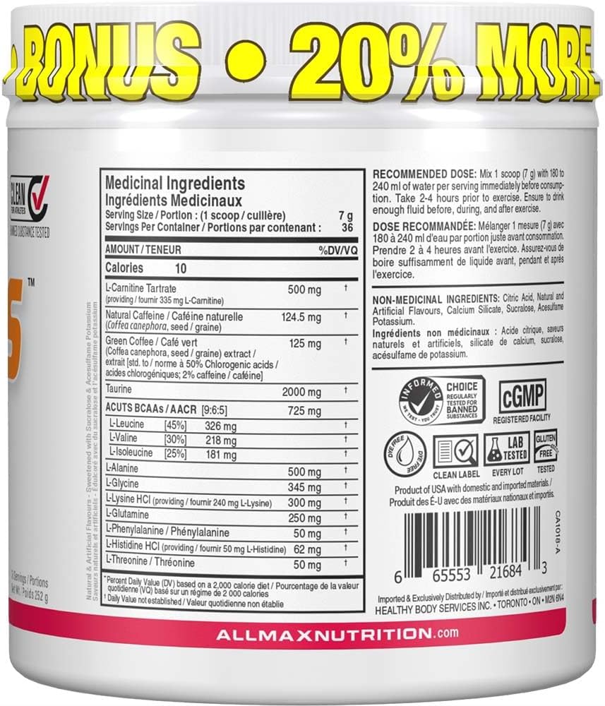 ALLMAX Nutrition - AMINOCUTS (A:CUTS) - 體重管理 BCAA（左旋肉鹼 + 牛磺酸 + 綠咖啡） - 西瓜口味 - 252 克 - 36 份