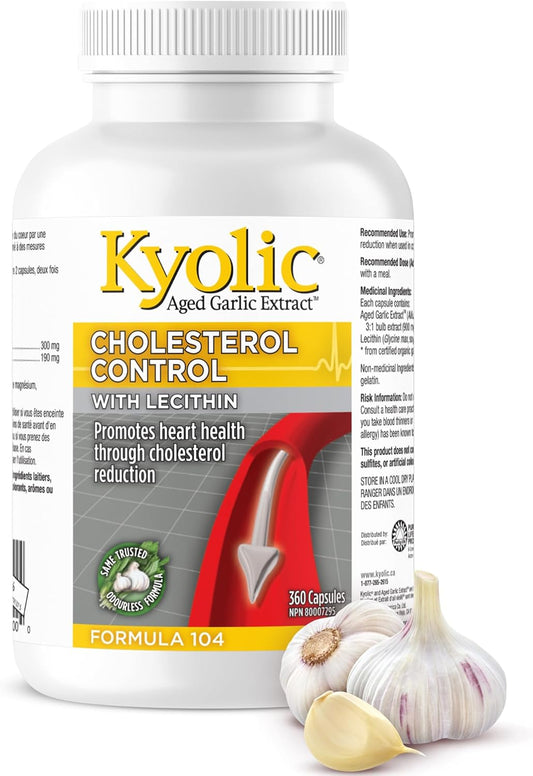 Kyolic - Cholesterol Control with Lecithin, 360 Capsules 90-Day Supply - Cholesterol Formula 104 - Kyolic Aged Garlic Extract Capsules - Promotes Heart Health and Immune System Support