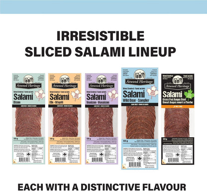 Atwood Heritage 野豬、豬肉和牛肉切片薩拉米香腸，125 克，高蛋白，無麩質，無硝酸鹽，加拿大製造