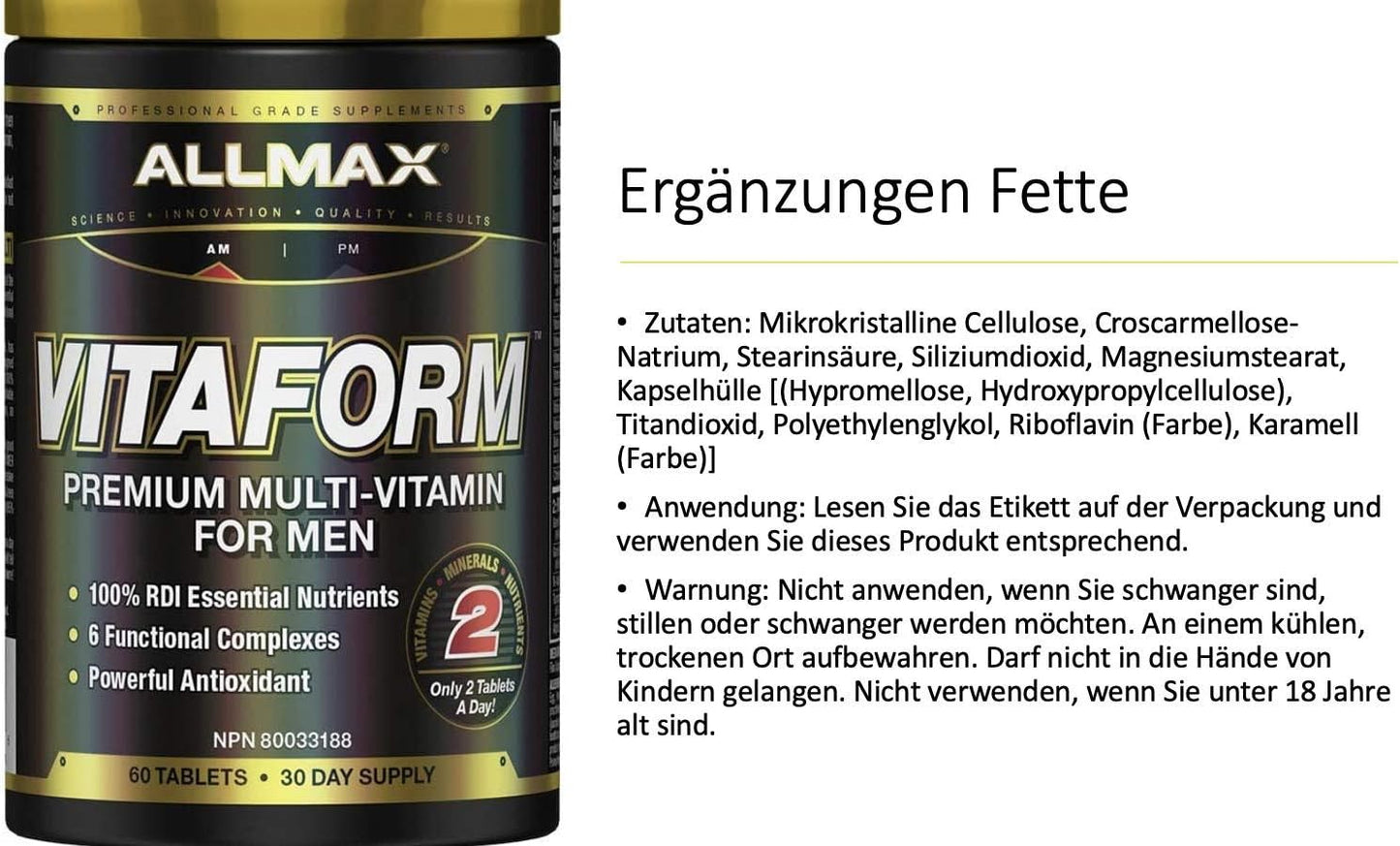 Allmax Nutrition - VITAFORM - 高级 - 男士高性能复合维生素 - 30 天供应 - 60 粒