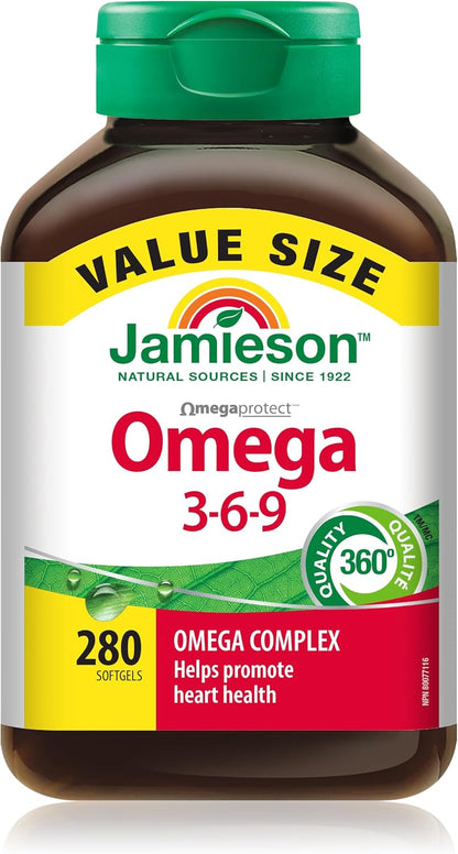 Jamieson Omega 3-6-9 软胶囊，超值装，含鱼油、琉璃苣油、亚麻籽油，提供 EPA、DHA 和 ALA。支持心脏和大脑健康，280 粒，加拿大制造