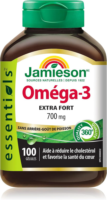 Jamieson 強效 Omega-3 700 毫克，無魚腥味，支持心臟、大腦和眼睛健康，緩解關節炎。富含 EPA 和 DHA，非基因改造，無麩質，100 粒軟膠囊，加拿大製造