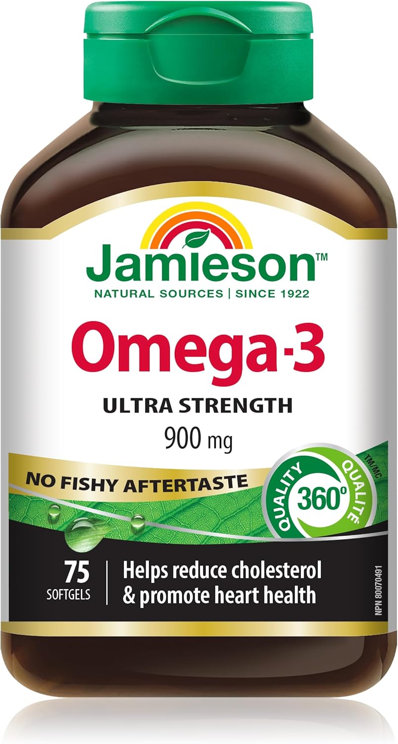 Jamieson 強效 Omega-3 900 毫克，無魚腥味，支持心臟、大腦和眼睛健康，緩解關節炎。高效力，富含 EPA 和 DHA，非基因，無麩質，75 粒軟膠囊，加拿大製造