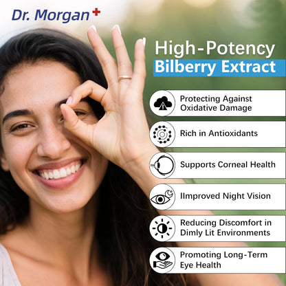 摩根博士 EYE BRIGHT 眼部補充劑，含越橘、葉黃素、玉米黃質和β-胡蘿蔔素 - 支持黃斑功能、夜視和抗氧化保護 - 60 粒膠囊