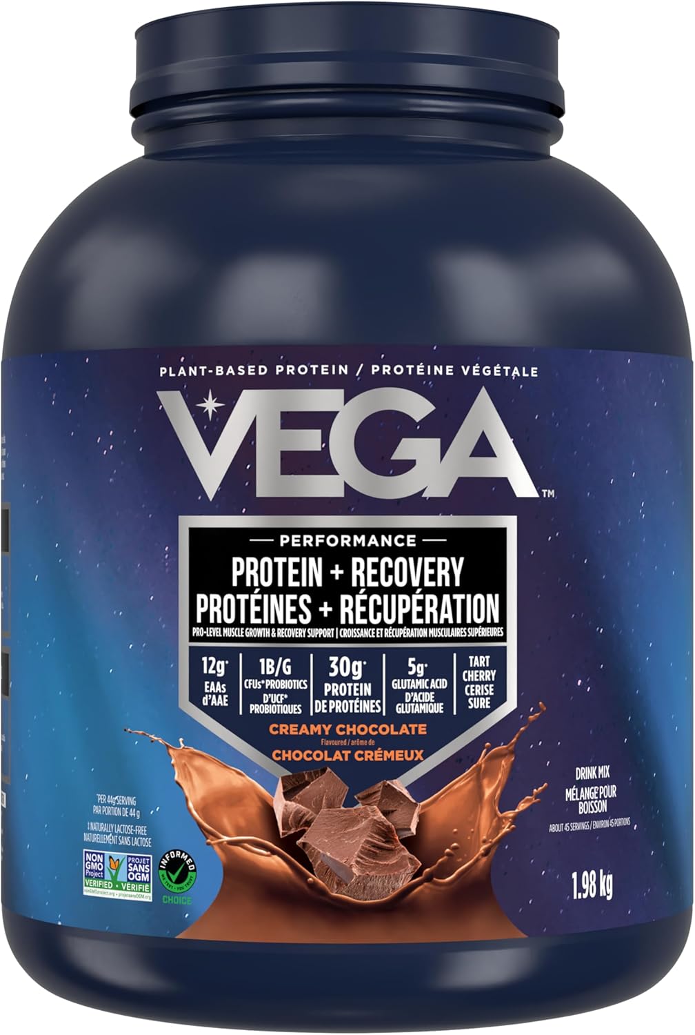 Vega Sport 素食蛋白粉 + 恢復 - 每份 30 克植物蛋白，巧克力口味，45 份，5 克 BCAA，益生菌，NSF 認證，適用於奶昔和冰沙，1.98 公斤（包裝可能有所不同）