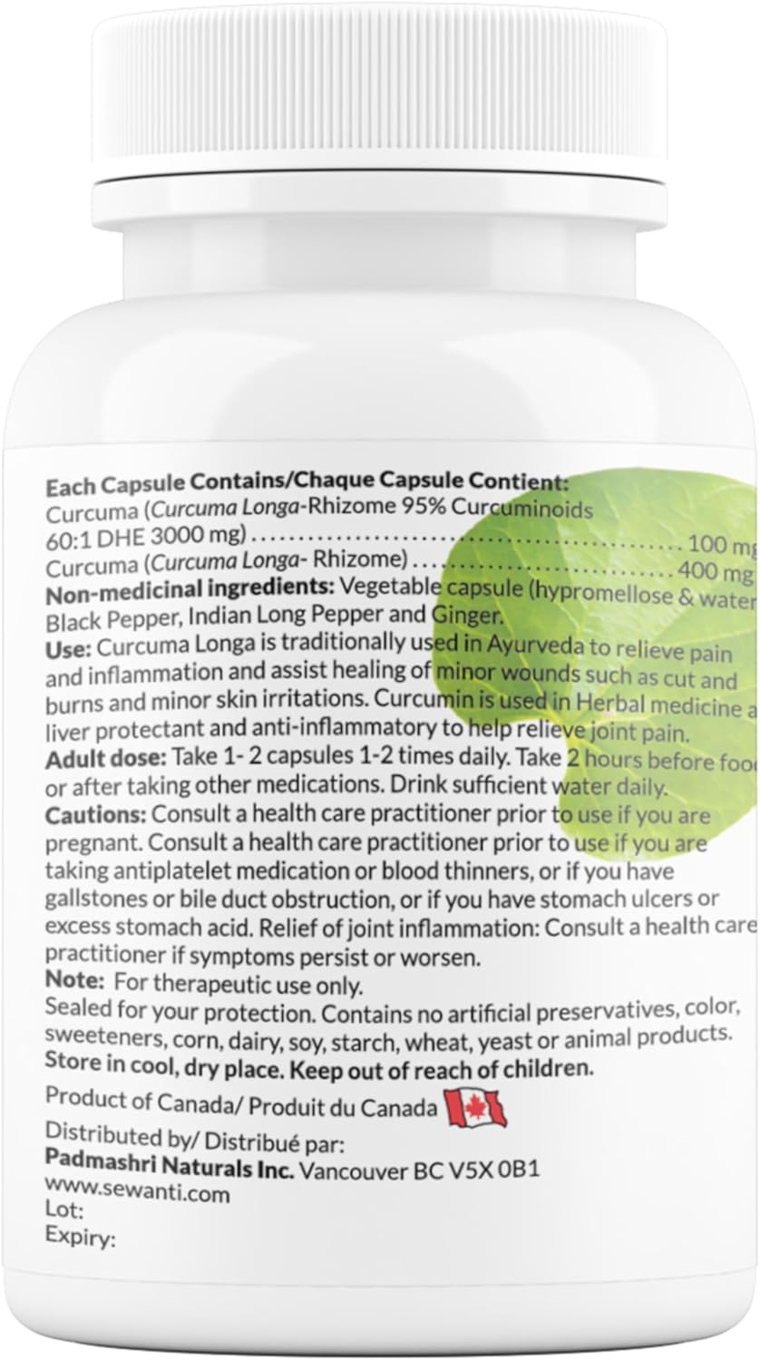 Sewanti 有機薑黃素萃取物 95% 含黑胡椒、印度長胡椒和生薑，用於緩解關節疼痛、肝臟保護劑，薑黃素萃取物 NPN 80070675，60 粒素食膠囊