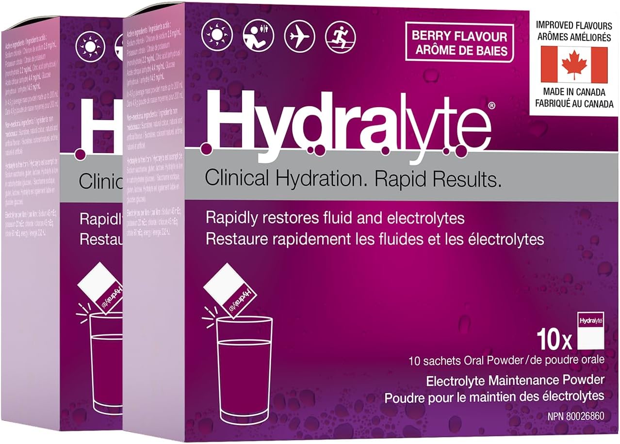 HydraLyte Electrolyte Powder, Berry Flavoured Hydration Powder - Flat, Accelerates Fluid and Electrolytes, Great For All Ages, Oral Rehydration Solution - 20 Count (Twin Pack)
