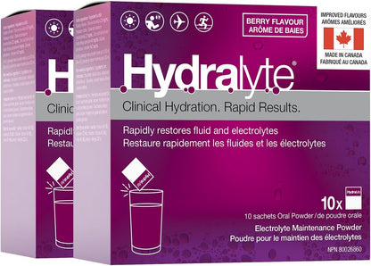 HydraLyte Electrolyte Powder, Berry Flavoured Hydration Powder - Flat, Accelerates Fluid and Electrolytes, Great For All Ages, Oral Rehydration Solution - 20 Count (Twin Pack)