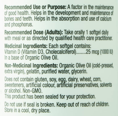 Prairie Naturals 维生素 D3 胆钙化醇 1,000 IU 有机特级初榨橄榄油软胶囊 - 180 粒