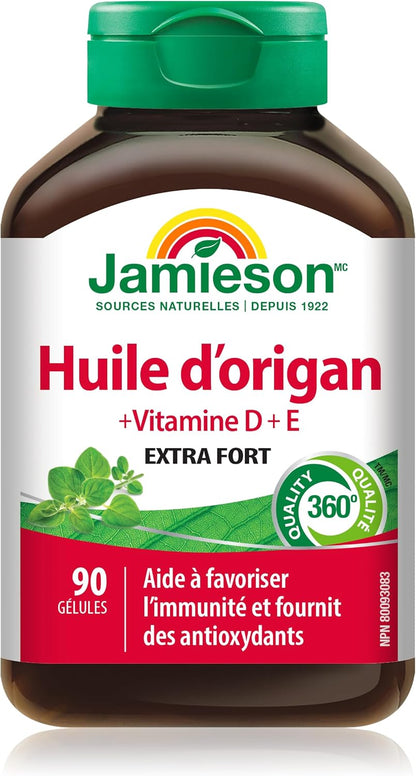 Jamieson 牛至油 180 毫克软胶囊，强效，含维生素 D3 1,000 IU 和维生素 E。支持免疫健康，抗氧化，非转基因，无麸质，90 粒，加拿大制造