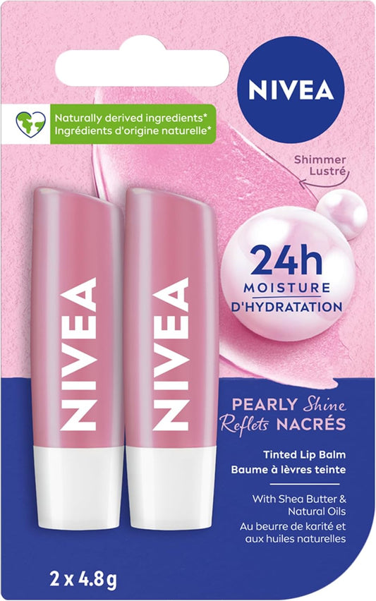 NIVEA Pearly Shine Lip Balm | Pearly Pink Shimmer Tinted Lip Care, 24H Hydration | 2x4.8g Tubes