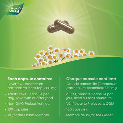 Nature's Way Feverfew Leaves, Helps Relieve Headaches, 380mg of Feverfew herb per capsule, 100 Vegetarian Capsules