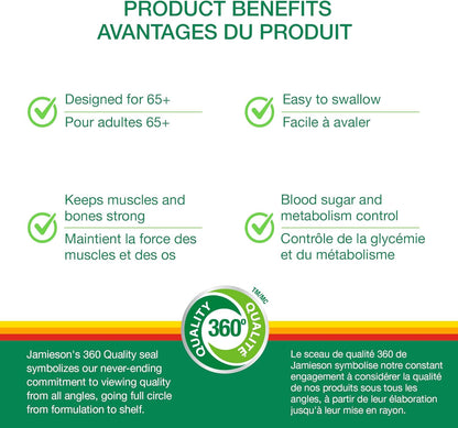 Jamieson 100% 複合維生素鉑金片，適合 65 歲以上成人，含番茄紅素、葉黃素及其他免疫支持成分。支持能量、眼部健康、骨骼健康和整體健康，無麩質，每日一片，115 粒迷你膠囊