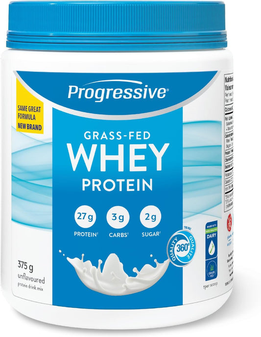 Progressive Grass-Fed 100% Whey Protein Powder Unflavoured, 27g of New Zealand Whey Concentrate per Scoop for Muscle Gain, Pasture-Raised, Non-GMO, Canadian-Made Antibiotic-free, Hormone-free, 375 g