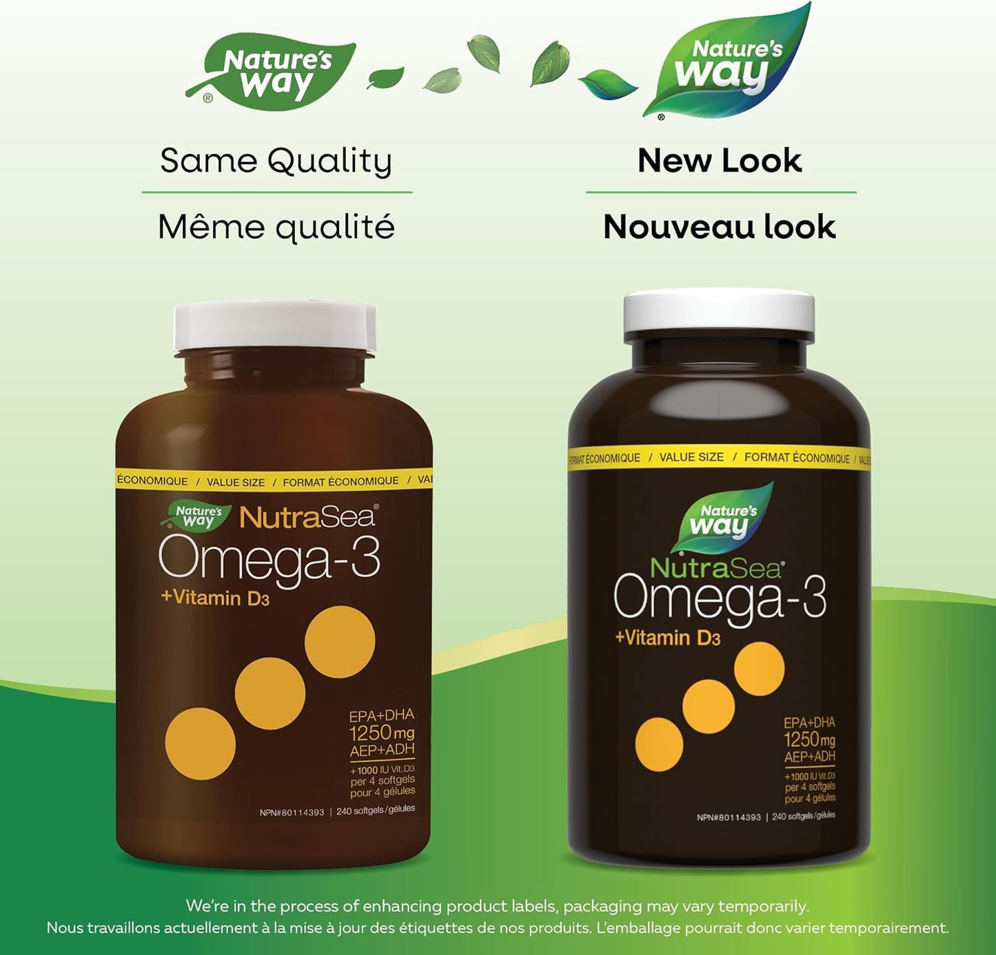 Nature's Way NutraSea Omega 3 + 維生素 D 軟膠囊，含魚油補充劑 - 檸檬味 - 為成人和 6 歲以上兒童提供心臟、大腦、骨骼和免疫支持 - EPA 和 DHA + 1000IU D3，240 粒軟膠囊