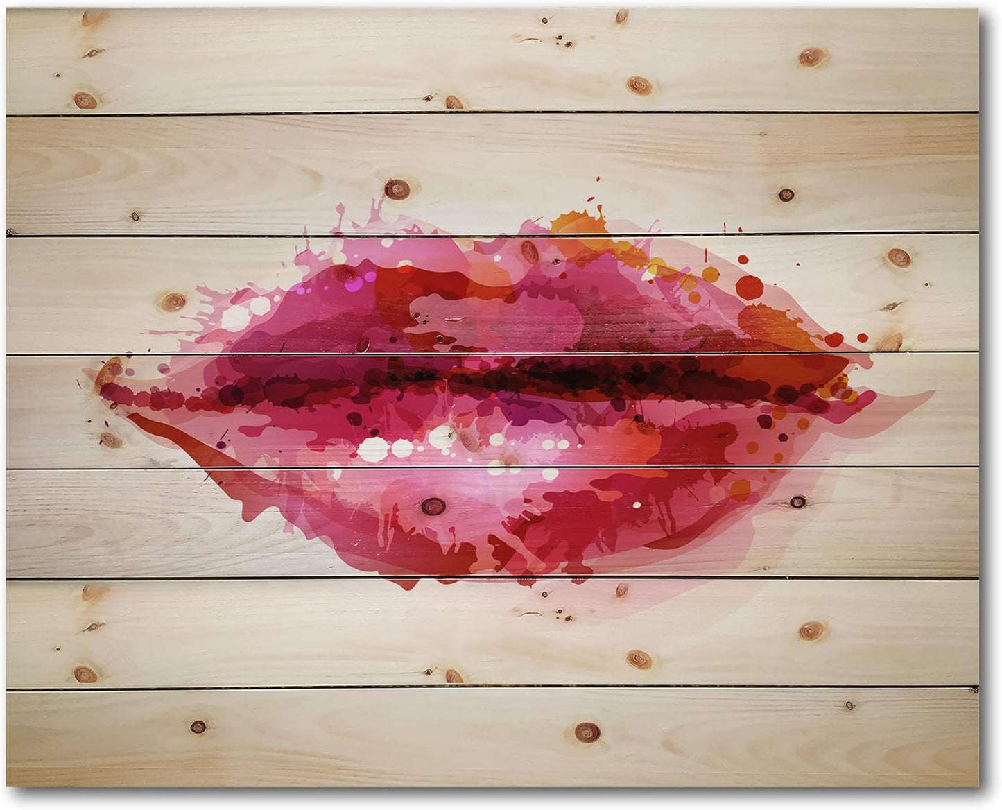 DesignQ 紅色女人嘴唇由抽象的斑點組成 - 天然松木上的現代印花