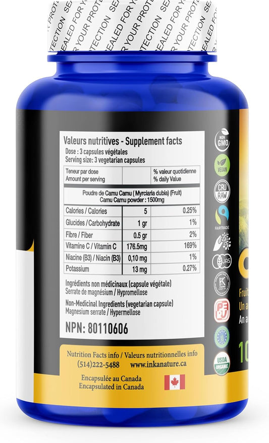 Inka Nature Camu Camu 100 Vegan Capsules, 33-Day Supply, Plant-Based Source of Vitamin C, Supports Energy, Vitality, Skin Radiance & Collagen Formation, Easily Absorbed, Non-GMO, Gluten & Dairy Free