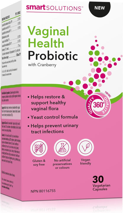 Smart Solutions Vaginal Health Probiotic 5 Billion CFU with 271 mg Cranberry, Helps to Restore and Support Healthy Vaginal Flora, and Intestinal Health, 30 Vegetarian Capsules
