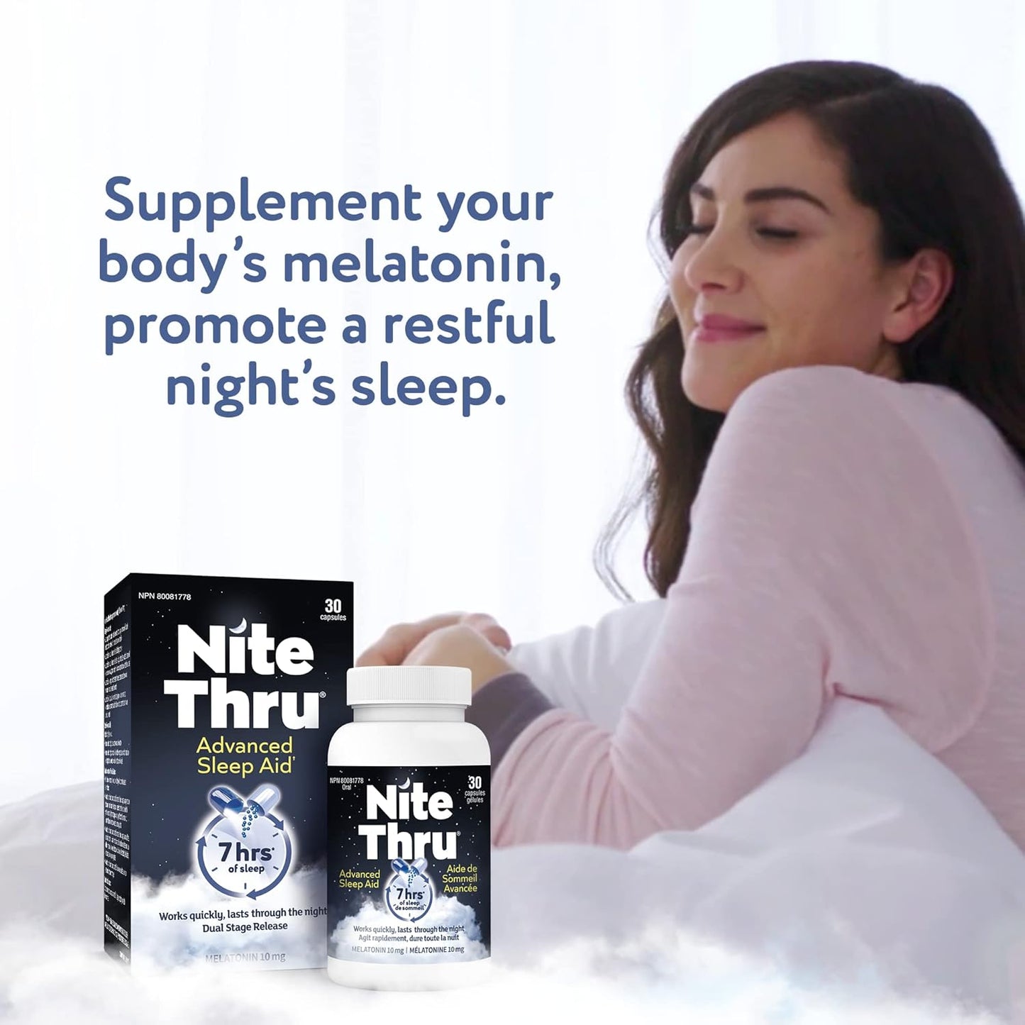 NiteThru 成人高級睡眠輔助劑，定時釋放褪黑激素，快速起效並持續一整夜，10 毫克褪黑激素，30 粒膠囊