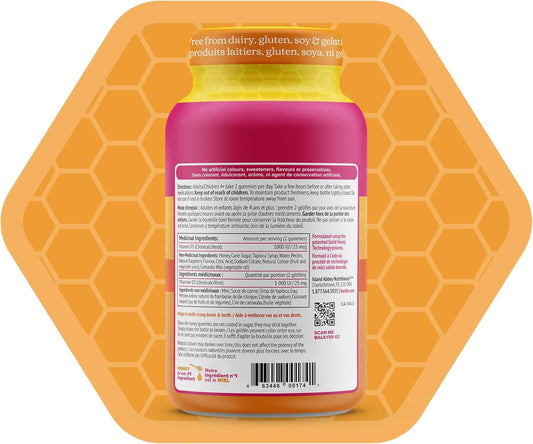 Honibe 維生素 D 軟糖，適合兒童和成人 | 加拿大製造的蜂蜜維生素 | 維生素 D3 有助於支持骨骼健康、情緒和免疫系統功能 | 素食咀嚼維生素 D 補充劑 | 70 粒軟糖