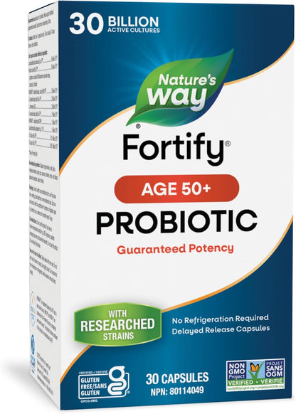 Nature's Way Fortify 50+ Probiotic, 30 Billion Active Probiotic Cultures, Supports Gastrointestinal Health, Gluten-Free Certified, Shelf Stable, 30 Capsules