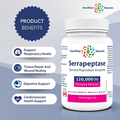 Nutrimed Naturals - Serrapeptase 120000, 125 Capsules 125-Day Supply - High Potency Systemic Enzyme Supplement, Serrapeptase Blend for Optimal Health - 3rd Party Tested - Formulated and Made in Canada