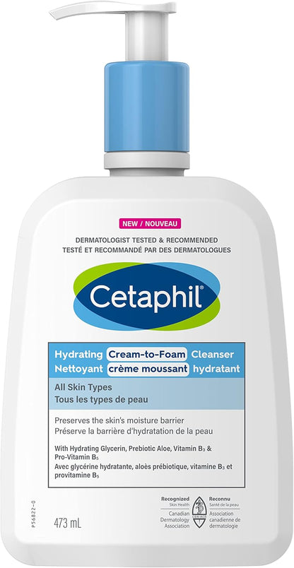 Cetaphil Optimal Hydration Daily Glow Cream for Sensitive, Dry and Dehydrated Skin & Cream to Foam Face Wash, Hydrating Foaming Cream Cleanser, For Normal to Dry