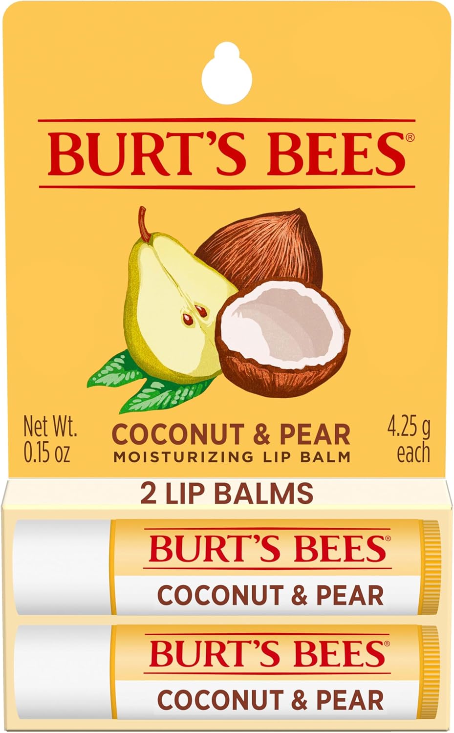 Burt's Bees 100% 天然保湿润唇膏，椰子和梨味，2 支装