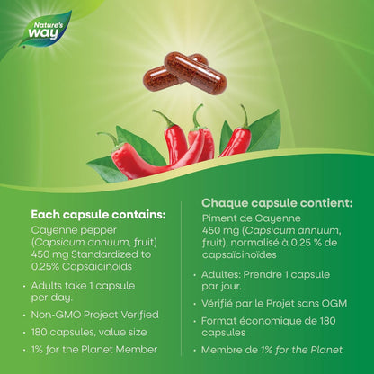 Nature’s Way 卡宴辣椒 40,000 HU – 草本消化和外周循环补充剂 – 卡宴辣椒胶囊 – 素食，非转基因 – 180 粒胶囊