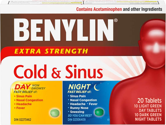 BENYLIN Extra Strength Cold and Sinus Caplets, Relieves Cold and Sinus symptoms, Daytime and Nighttime, Convenience Pack, 20ct